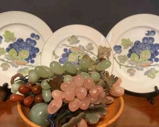 Vintage Stone Grapes Apples in Wood Bowl Floral Plates
