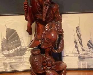 Carved Asian Fisherman Rosewood Carved Koi And Ink on Silk Art