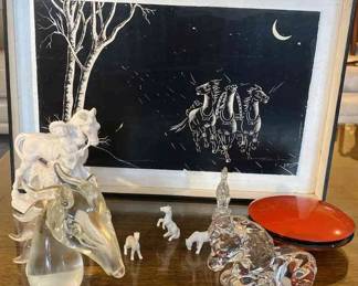Original Art by Russian Artist Ivan Zolotuhin of Horses Glass Horses and Vtg Bembo Lacquer Box