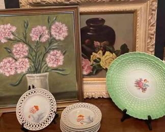 Framed Floral Oil Paintings Porcelain Floral Plates