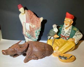 Kikkodo Man With Bird Sculpture French Ceramic Sculpture And Wooden Ox