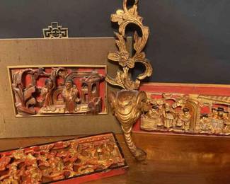 Carved Gilded Wood Asian Art Plaques Carved Gilded Elephant