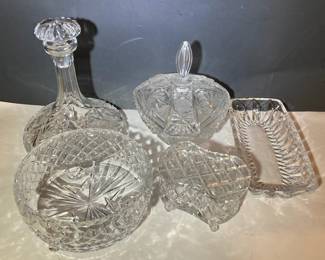 Leaded Crystal Decanter And Lidded Dishes