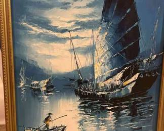 Chinese Junk Ship Framed Art Signed