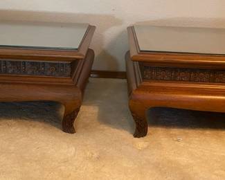 Pair of Solid Thai Teakwood Low Profile Tables with Carved Floral Motif