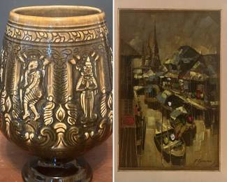 Thai Celadon Glazed Vase and Signed Original Oil Painting