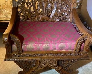 Intricately Carved Elephant Chair with Thai Cotton Cushion