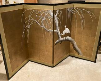 Japanese Three Panel Hand painted Crane Screen