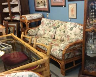 Beautiful heavy rattan Sofa, End Table, Chairs and Ottoman and Glass Top Table.  Bamboo Rectangular Table and 4 chairs