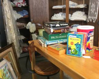 Wonderful linens, vintage games, table top rectangular table. 2 bar stools, Oak Wardrobe
