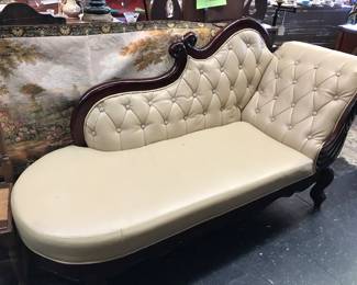 1960's Fainting Couch - tufted leather.  Notice the French Tapestry in the background.