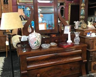 Beautiful gentlemen's step back dresser with swivel mirror. Swing Arm Floor lamp, ginger jar. Vintage lamps