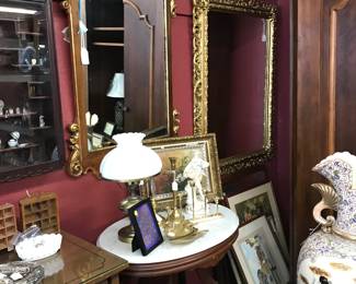 Beautifu Wall Mirrors, Walnut marble top desk, lamps, brass etc.