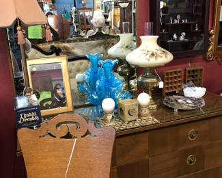 Side Mirror dresser - Mid Century Modern. Blue Stretch Glass Epergne, decor, lamps.  Notice Oak cut back chair - rare (pair)