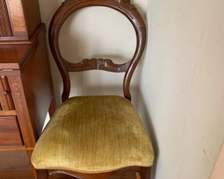 #13	Antique Carved Fruit Side Chair - Balloon Back w/ gold velvet upholstery 	 $75.00 
