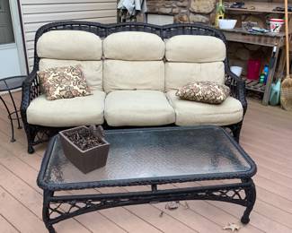 #68	B&C Patio Set: Weather master Sofa by Lane Venture 77" Long w/cushions. Matching coffee table w/glass top 49x26x16	 $1500 
