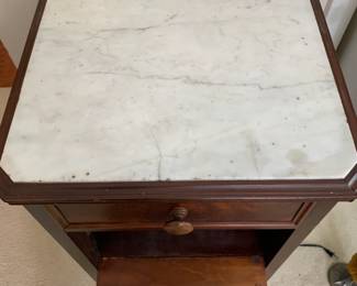 #97	antique pie safe with 4 drawers and 1 flip down front, marble top 17x16x36	 $100.00 
