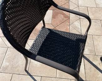#79	Piar one round tall tile top patio table with 4 Hampton bay chairs plastic wicker and umbrella 43x30	 $100.00 
