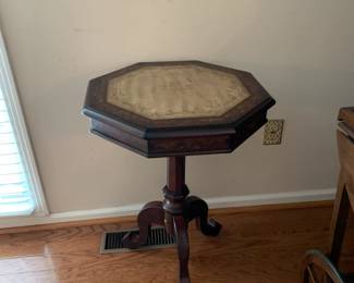 #18	Pedestal Octagonal Side Table w/painted top, burgundy and cream w/leaves. (as is wobble) 21x28	 $75.00 
