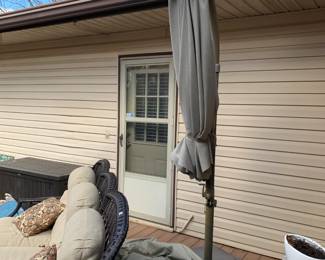 #75	outside	 umbrella with base stand 8 foot tall as is base 	 $125.00 			
