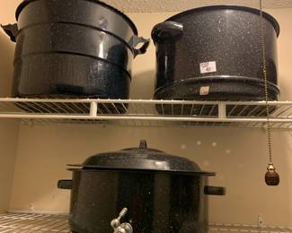 #138	3 piece canning set of pots one with a faucet (black spotted enamal )	 $40.00 

