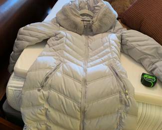 #56	Carl Lagerfeld - Light Grey/Blue Poly filled hooded full length coat Medium	 $25.00 

