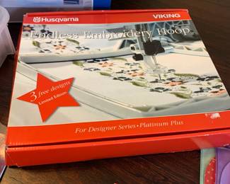 #198	Husqvarna Viking Designer Epic Sewing and Embroidery Machine w/all included Attachments including the largest hoop on the market approx 10x14 with User manuals, Extra feet, extra hoops , walking foot, bobbins, cords and much more.  In excellent condition and working order.  	 $3,000.00 
