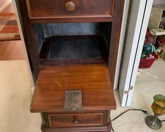 #97	antique pie safe with 4 drawers and 1 flip down front, marble top 17x16x36	 $100.00 
