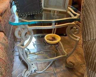#26	Square Metal Base, Glass Top End Table w/glass shelf. 24x26x22	 $100.00 

