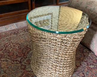 #28	Glass Top Woven Base, End Table. 16x18	 $35.00 
