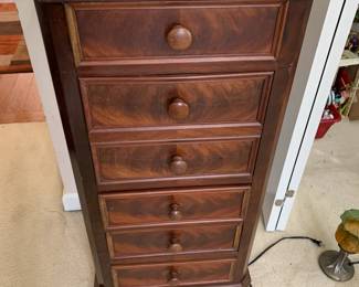 #97	antique pie safe with 4 drawers and 1 flip down front, marble top 17x16x36	 $100.00 
