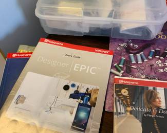 #198	Husqvarna Viking Designer Epic Sewing and Embroidery Machine w/all included Attachments including the largest hoop on the market approx 10x14 with User manuals, Extra feet, extra hoops , walking foot, bobbins, cords and much more.  In excellent condition and working order.  	 $3,000.00 
