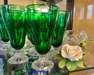 Vintage green bootie burple bubble water goblets.