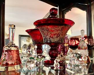 Ruby red glass and Swarovski.