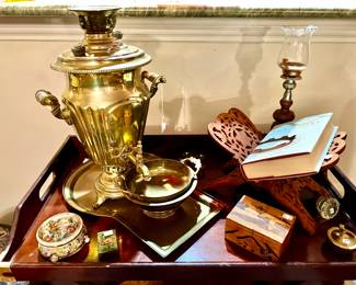 Tray table with brass Brass Russian Samovar for all of your coffee needs!