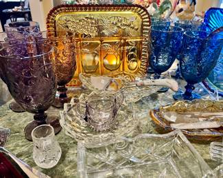 Pretty purple and cobalt blue glassware.