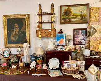 vintage oil paintings, lamps, crochet!