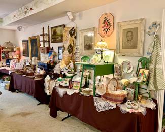 Massive game room upstairs full of linens, art, quilts, and Christmas!