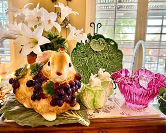 Portuguese Bordallo Pinheiro, Fenton cranberry basket.