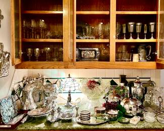 Pewter bar area with Arthur Court, Penguin ice buckets, silver and crystal.