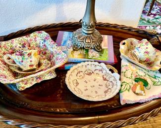 folding metal bird tray table with English chintz and Peter Rabbit.