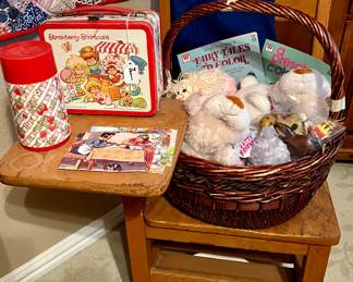 Child's school desk, Strawberry Shortcake lunchbox and thermos.