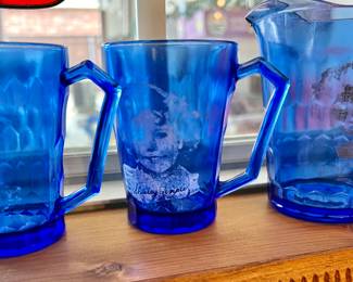 Vintage Shirley Temple cobalt glass set.