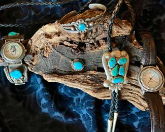 Vintage signed sterling & turquoise bolo, cuff and watch band.  Brighton watch.  