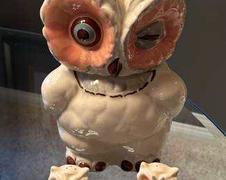 Vintage winking owl cookie jar, salt and pepper. USA Pottery.
