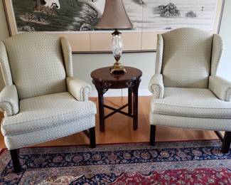 PAIR OF WINGBACK CHAIRS, ROUND SIDE TABLE & 
 WATERFORD CRYSTAL LAMP