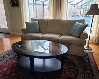 BASSETT UPHOLSTERED SOFA & FLOOR LAMP  (OVAL COFFEE TABLE & RUG ARE NOT FOR SALE)               