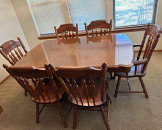 Dining table 65”x 41” approx , double pedastal, with 18” leaf. Made in the USA.
6 chairs, includes 2 arm chairs.
Table: $395
Chairs: 6/$300
Table and Chairs Sold together: $600
Table, Chairs, China Cabinet Set: $800
