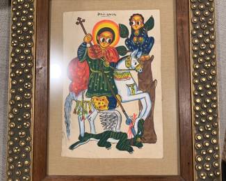 Ethiopian traditional religious art. St. George on horseback killing a dragon.