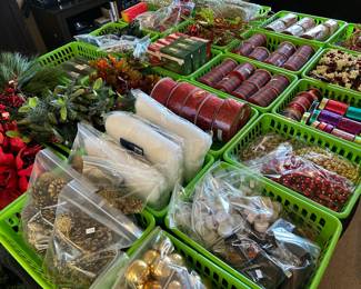 Christmas ribbon, lights, garland, greens & more